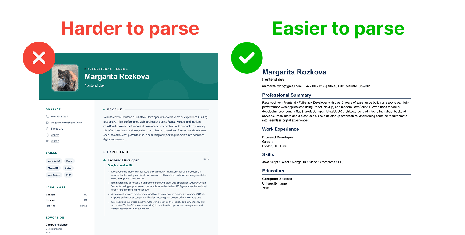 Comparison of a complex multi-column resume layout and a simple single-column resume layout
